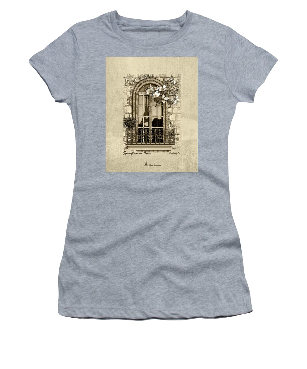 Eiffel Tower Women's T-Shirt featuring the mixed media Springtime in Paris in Sepia by Lee Owenby