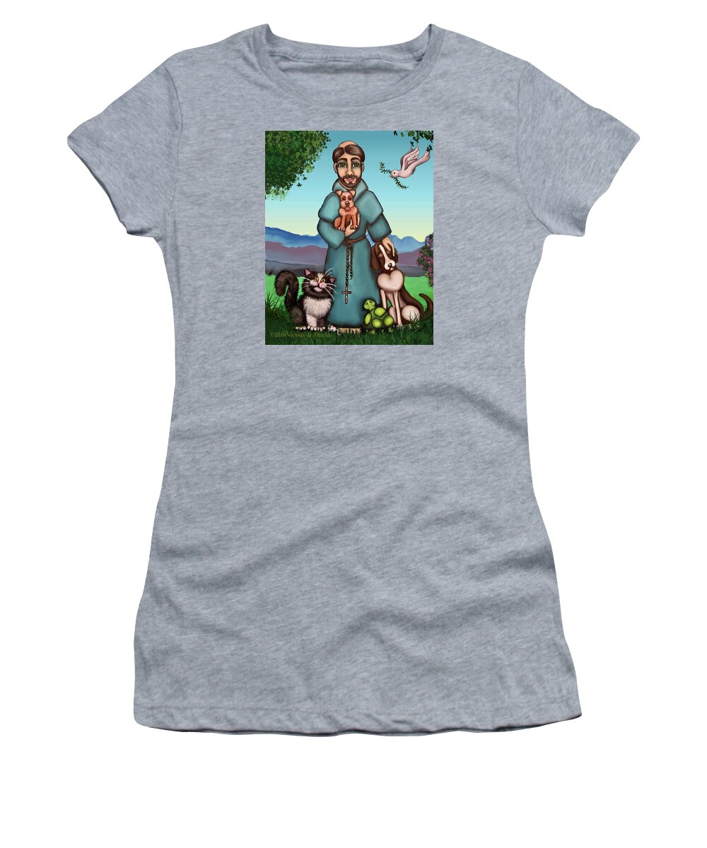 St. Francis Women's T-Shirt featuring the painting St. Francis Libertys Blessing by Victoria De Almeida