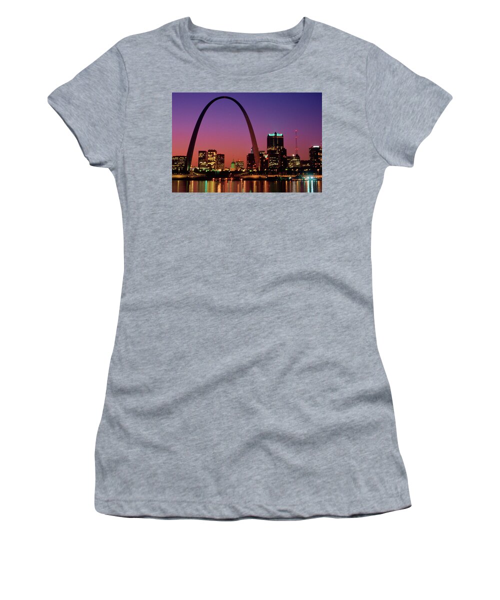 Photography Women's T-Shirt featuring the photograph St. Louis Skyline And Arch At Night by Panoramic Images