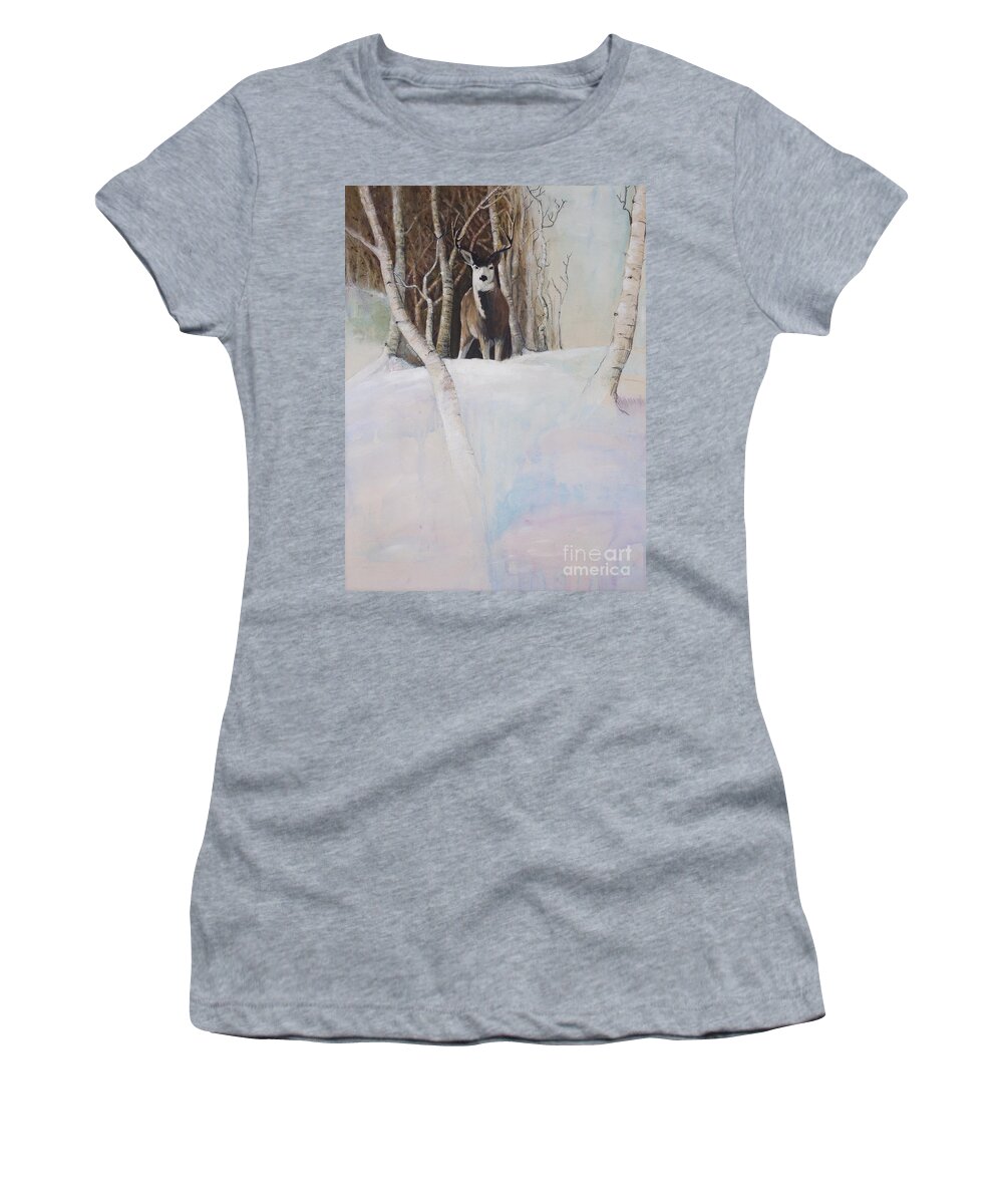 Mule Deer Women's T-Shirt featuring the painting Startled Morning by Robert Corsetti