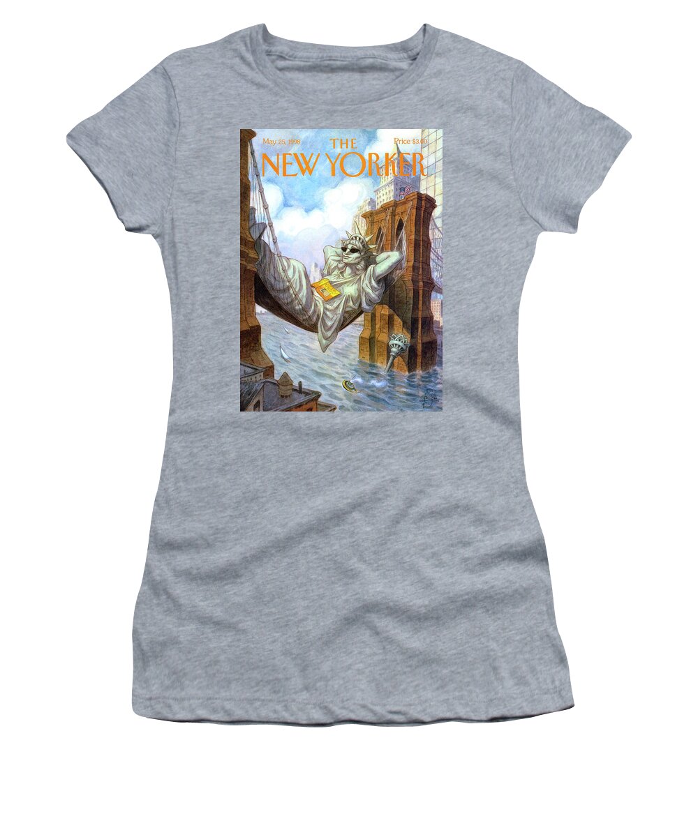 Liberty Women's T-Shirt featuring the painting Statue Of Liberty Lounges Between The Brooklyn by Peter de Seve