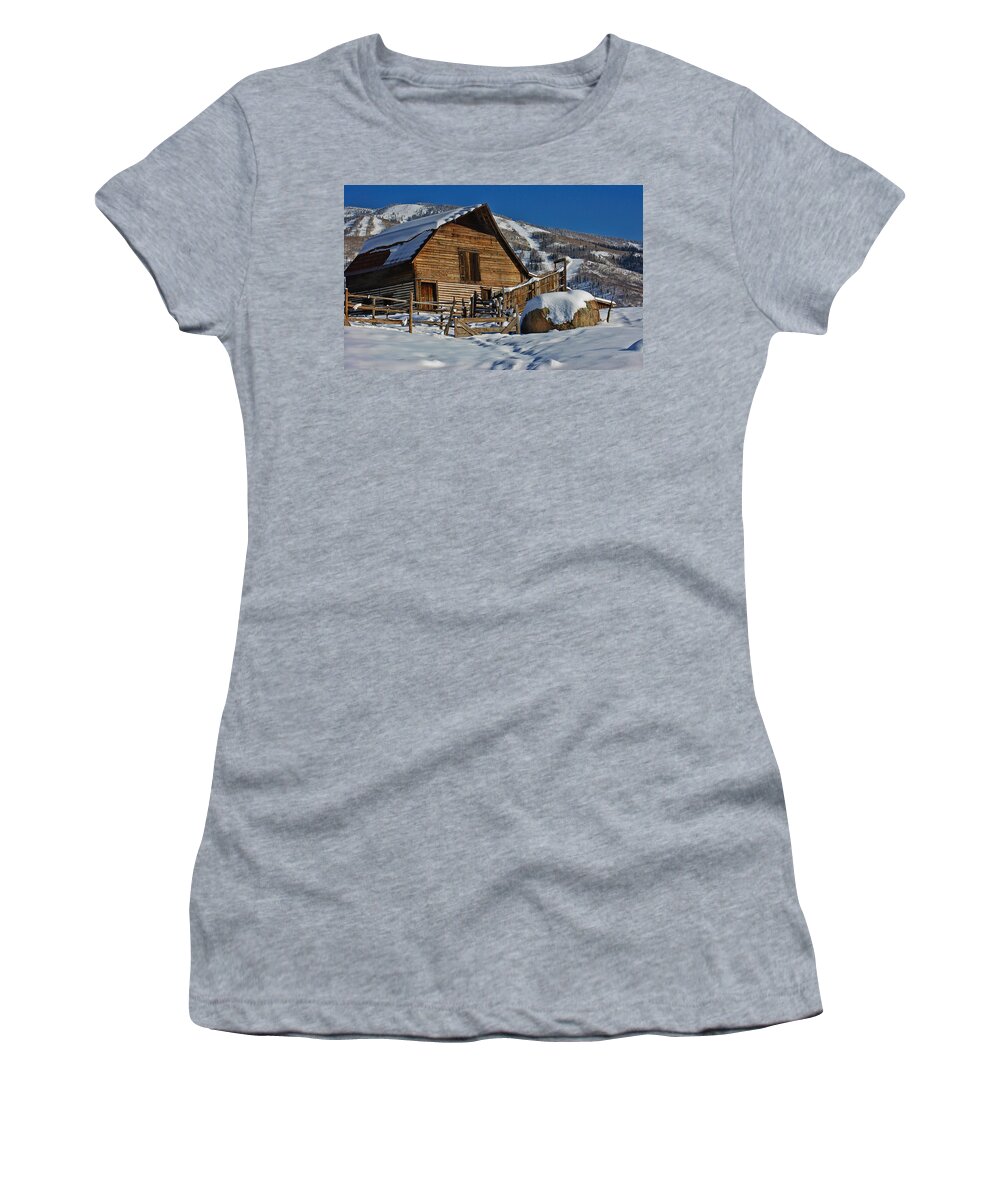 Barn Women's T-Shirt featuring the photograph Steamboat Barn by Don Schwartz