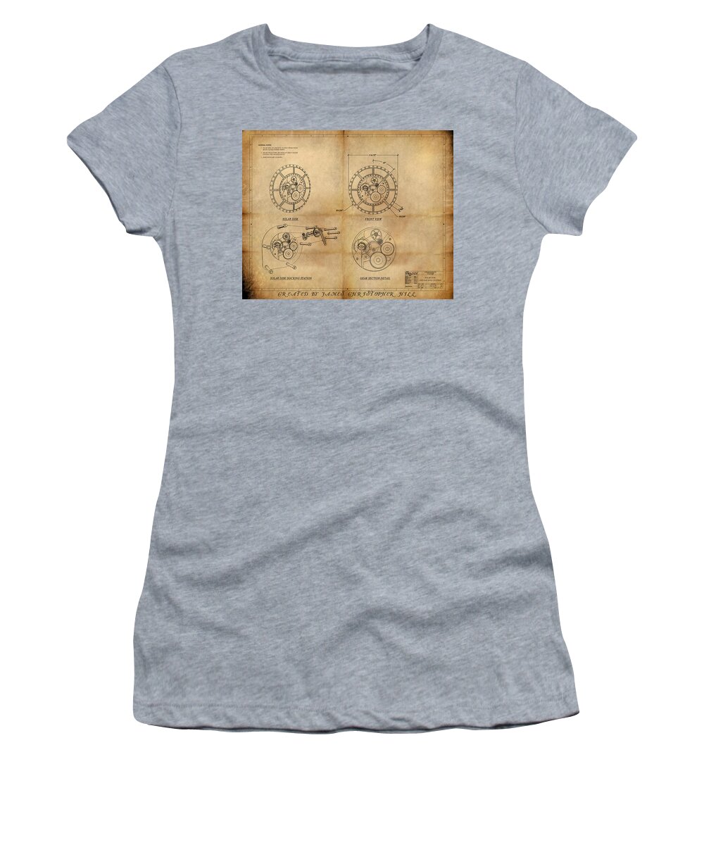 Steampunk; Gears; Housing; Cogs; Machinery; Lathe; Columns; Brass; Copper; Gold; Ratio; Rotation; Elegant; Forge; Industry; Clockwork Women's T-Shirt featuring the painting Steampunk Solar Disk by James Hill