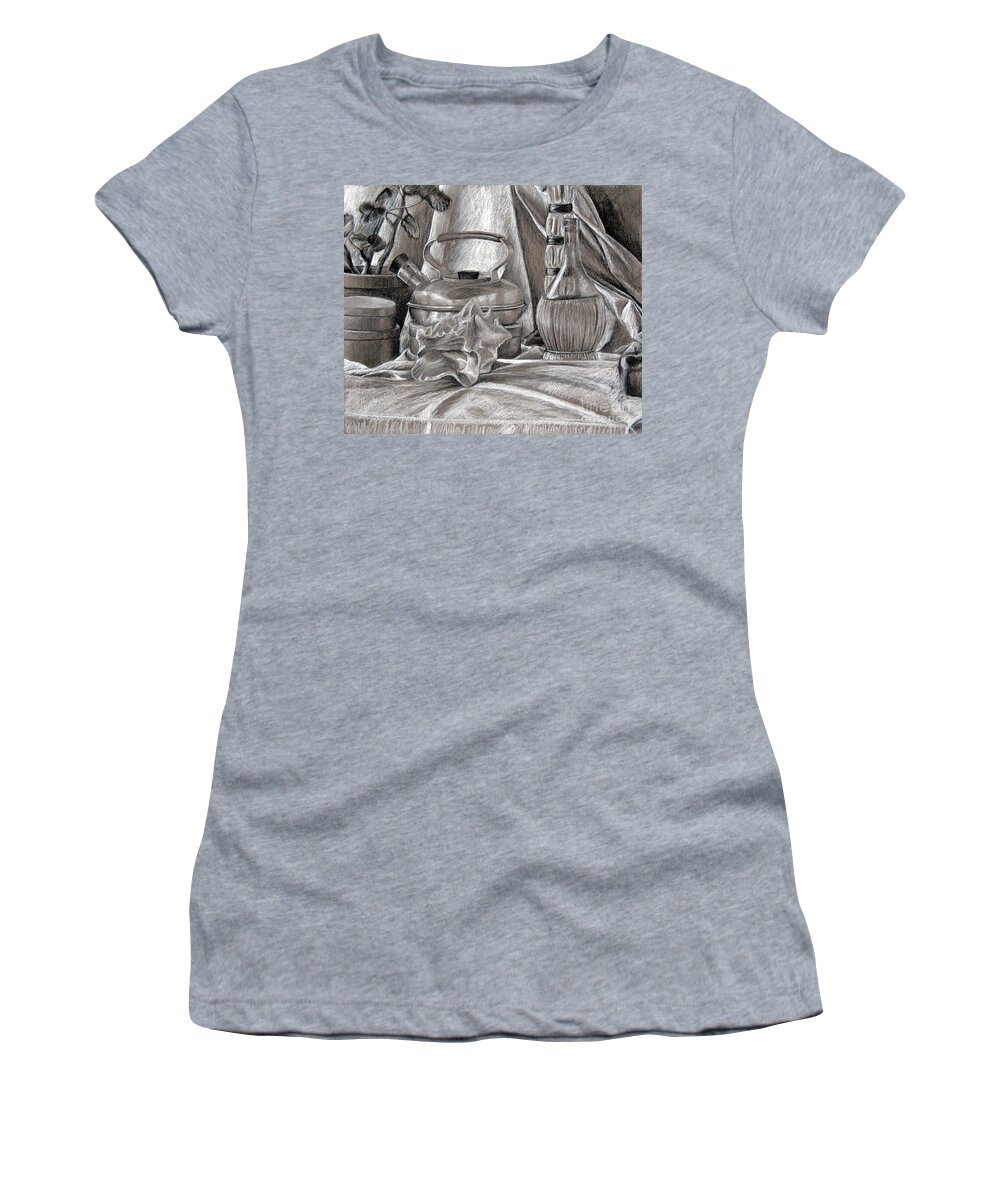 Chianti Bottle Women's T-Shirt featuring the painting Still Life With Kettle and Wine Bottle by Michelle Bien