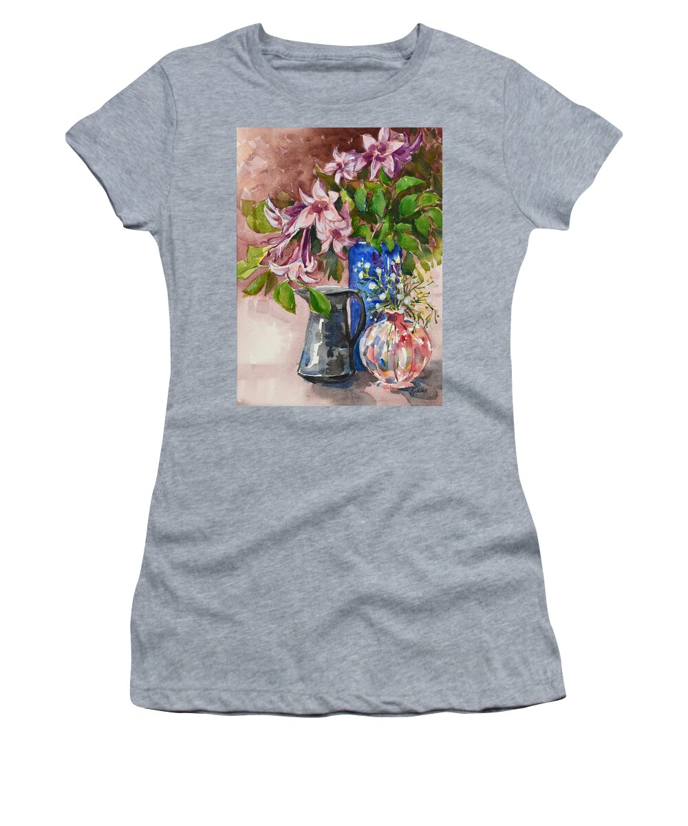Pink Flowers Women's T-Shirt featuring the painting Asian Pink Lilies by Jyotika Shroff
