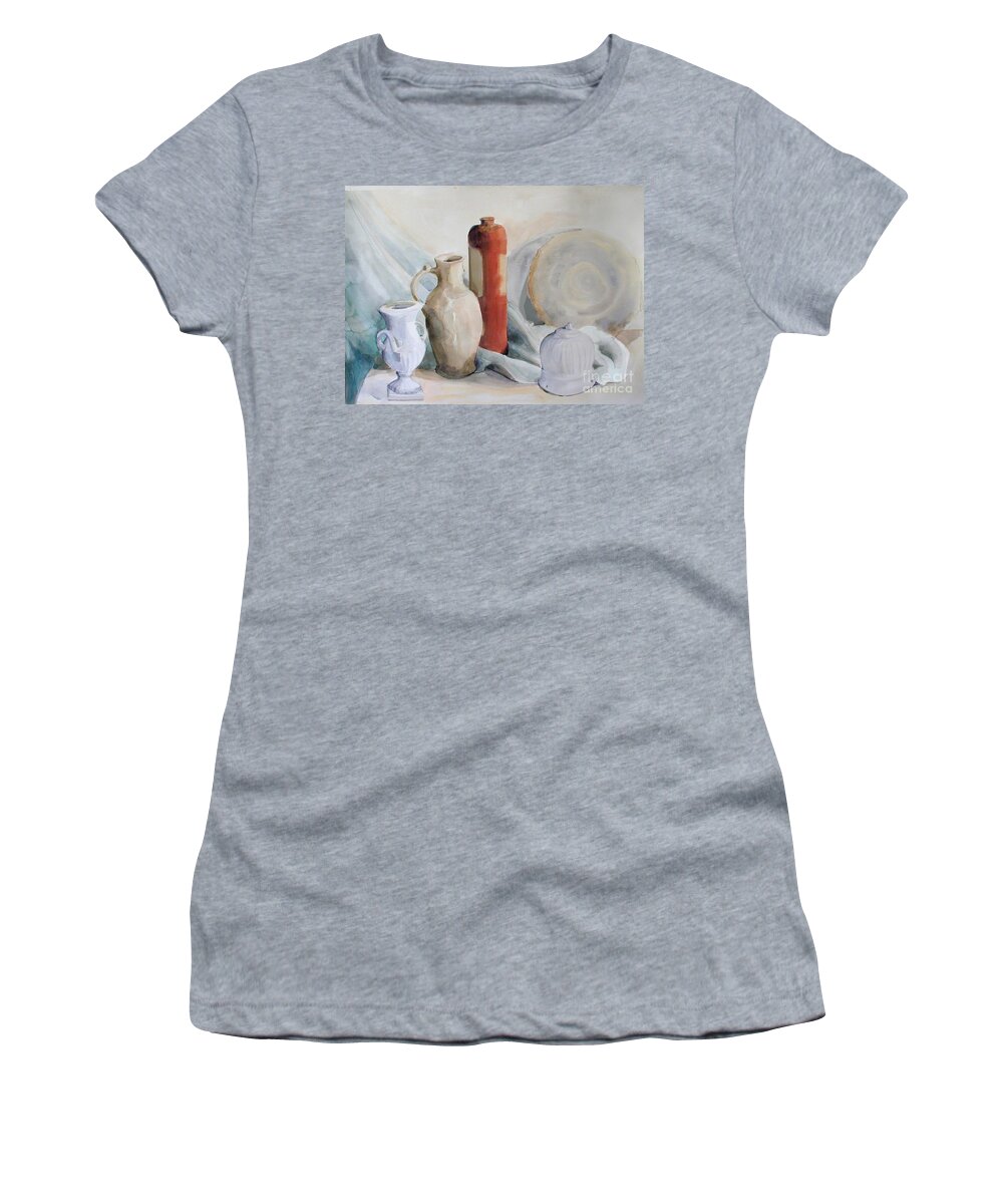 Watercolor Greta Corens Women's T-Shirt featuring the painting Watercolor Still life with Pottery and Stone by Greta Corens