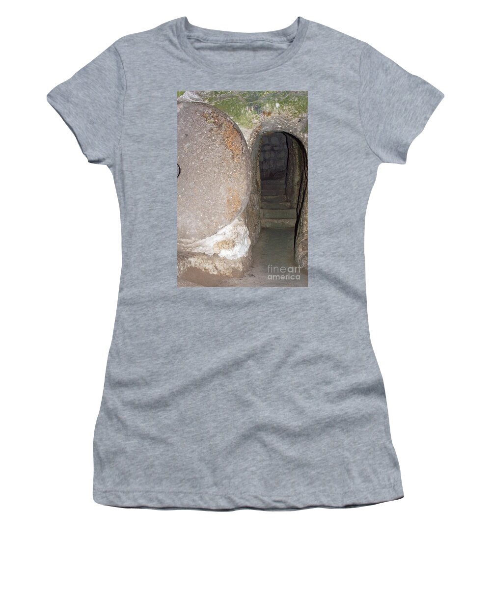 Derinkuyu Women's T-Shirt featuring the photograph Stone Door by Bob Phillips