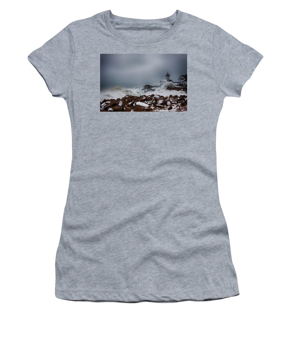 Cape Ann Women's T-Shirt featuring the photograph Storm off Eastern Point Lighthouse by Jeff Folger