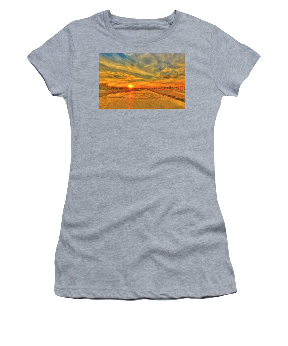 Sunset Women's T-Shirt featuring the digital art Stormy Sunset over Santa Ana River by Angela Stanton