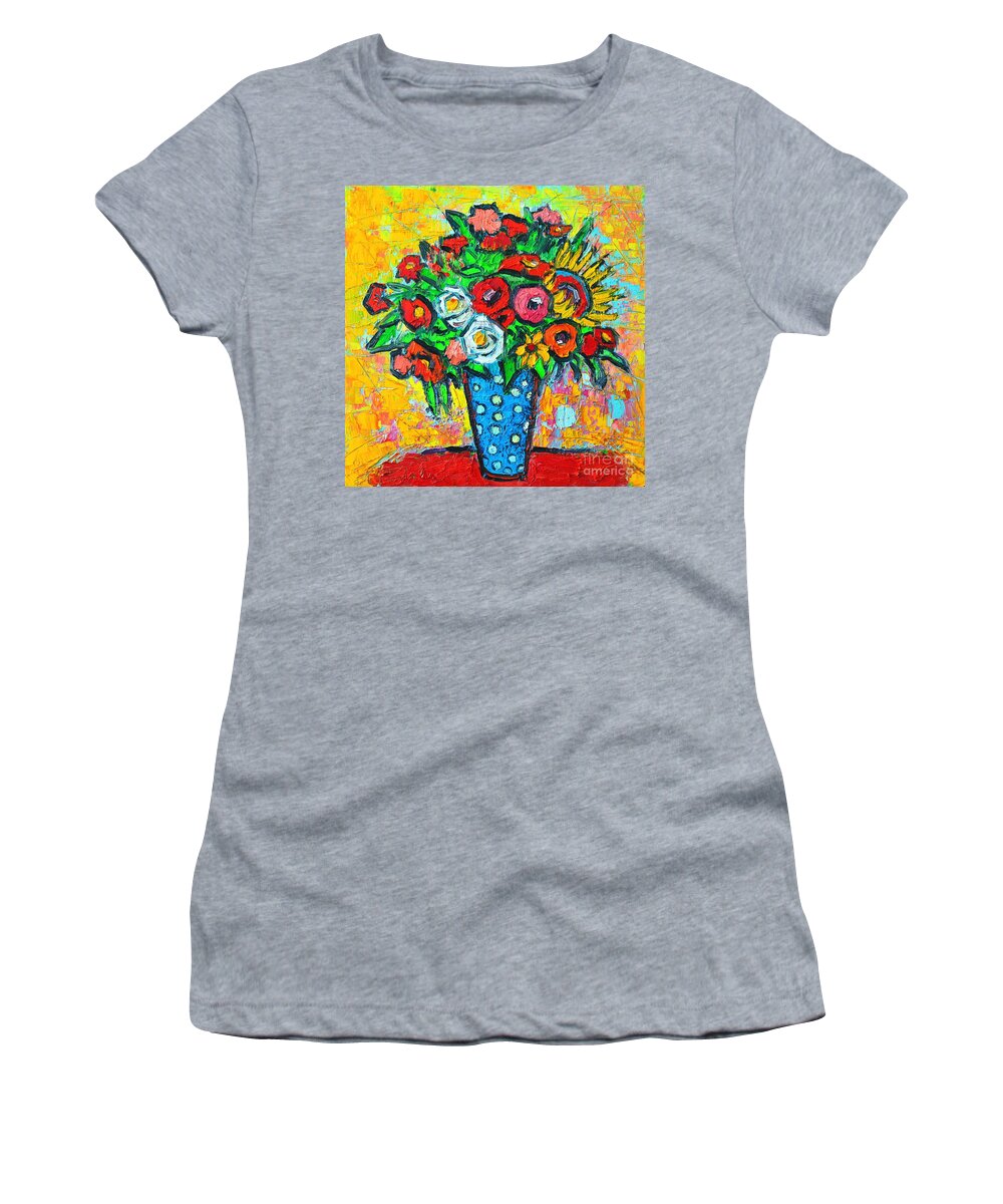 Flowers Women's T-Shirt featuring the painting Summer Floral Bouquet - Sunflowers Poppies And Roses by Ana Maria Edulescu