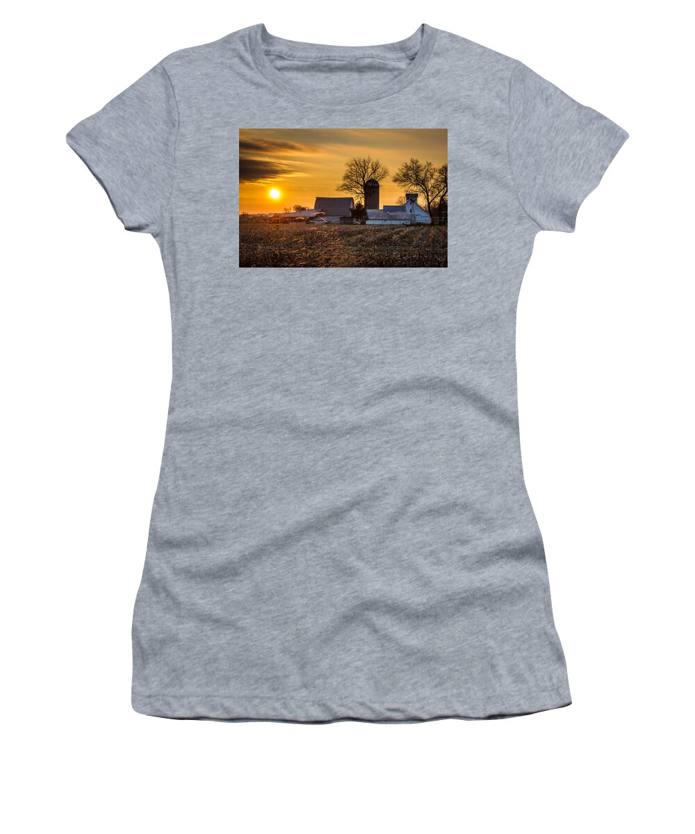 Barn Women's T-Shirt featuring the photograph Sun Rise Over the Farm by Ron Pate