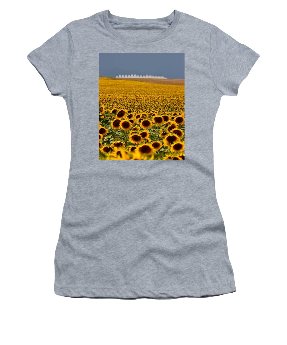 Denver International Airport Women's T-Shirt featuring the photograph Sunflowers and Airports by Ronda Kimbrow