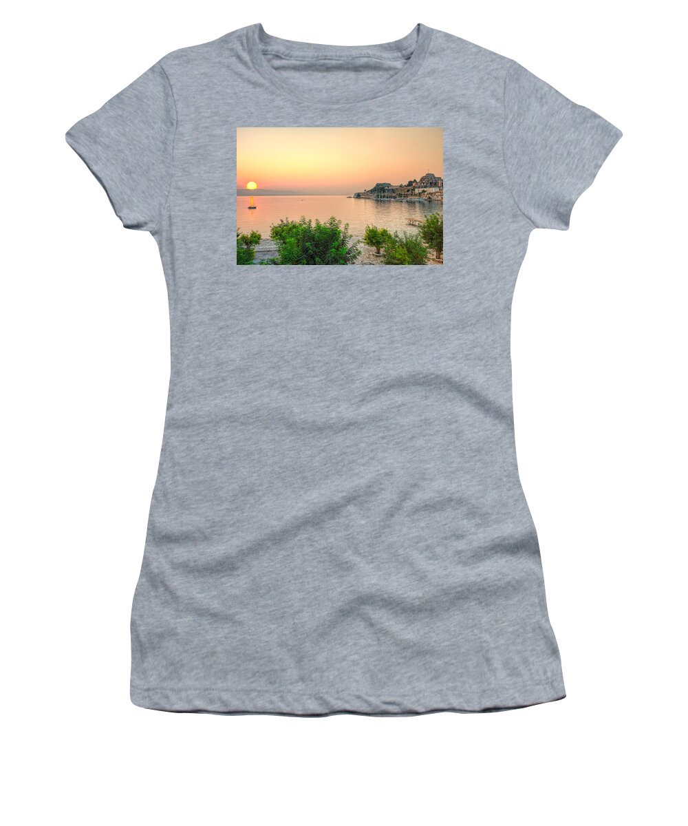 Sunrise Women's T-Shirt featuring the photograph Sunrise at the old fortress of Corfu - Greece by Constantinos Iliopoulos