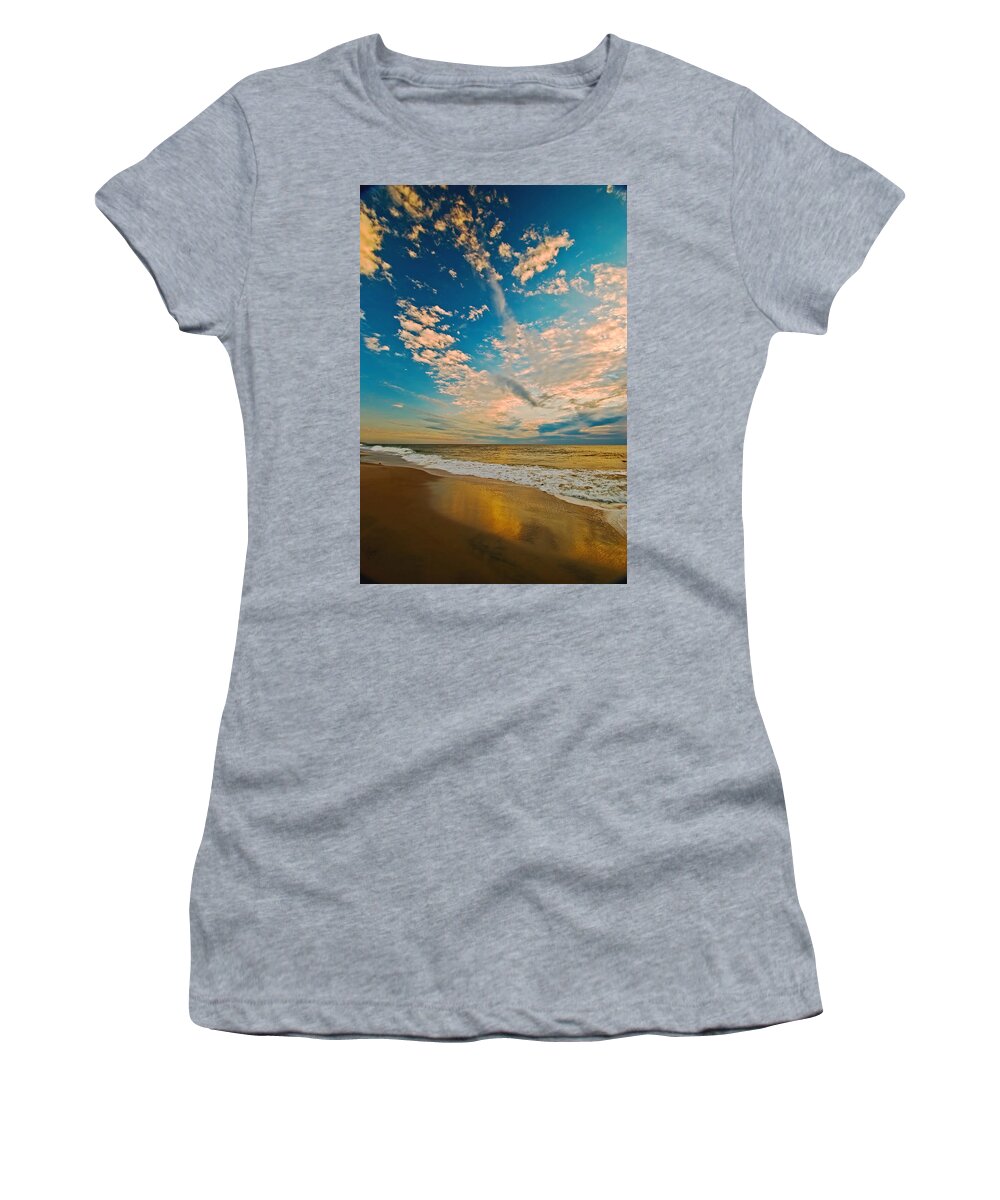 Seashore Women's T-Shirt featuring the photograph Sunrise coming at the shore. by Bill Jonscher