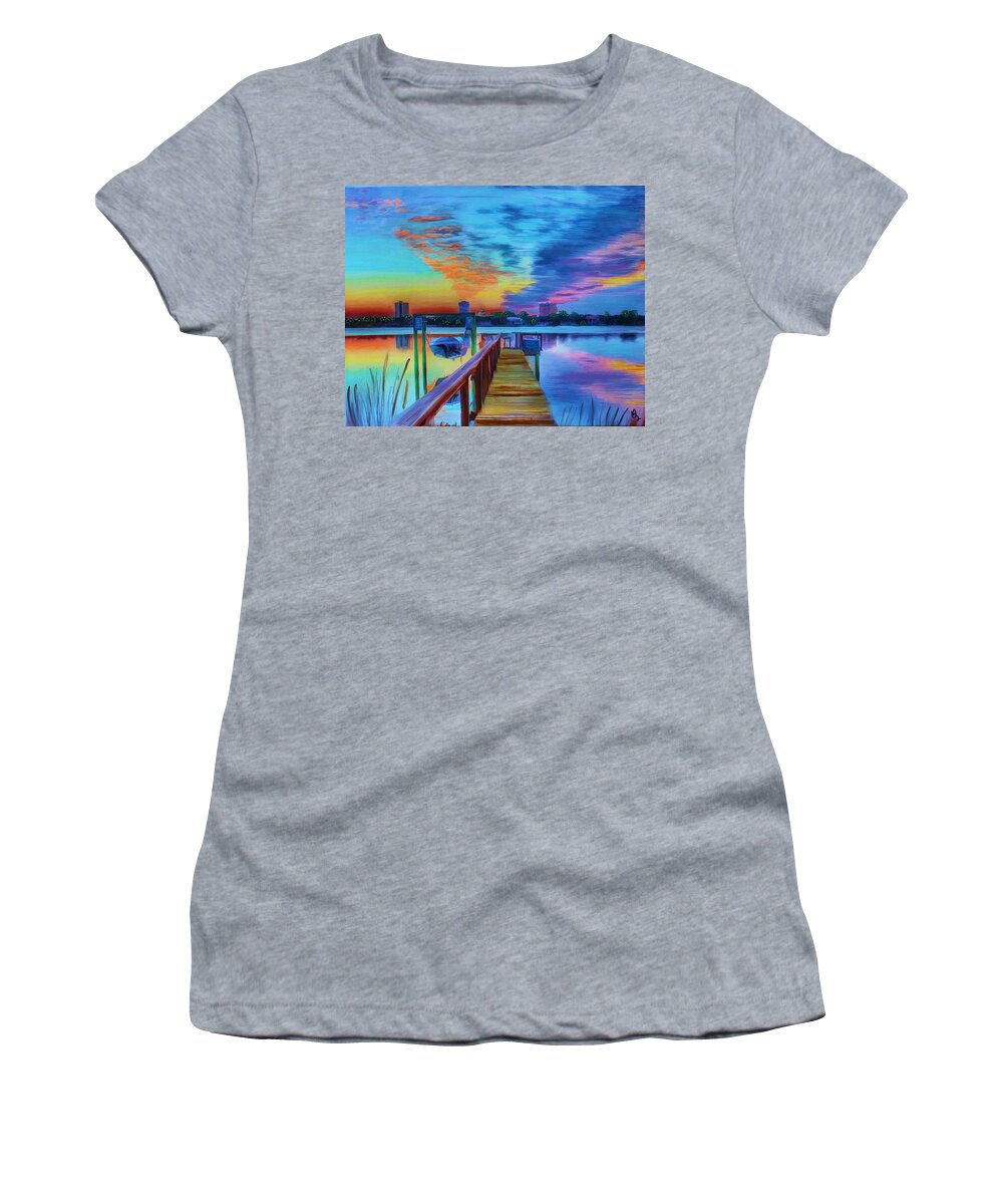 Boat Women's T-Shirt featuring the painting Sunrise On The Dock by Deborah Boyd