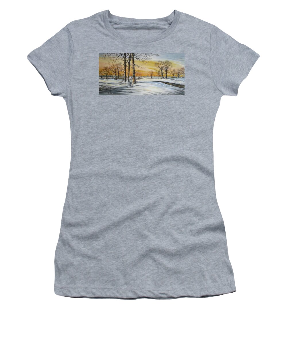 Landscape Women's T-Shirt featuring the painting SUNSET AND SNOW sold by Andrew Read