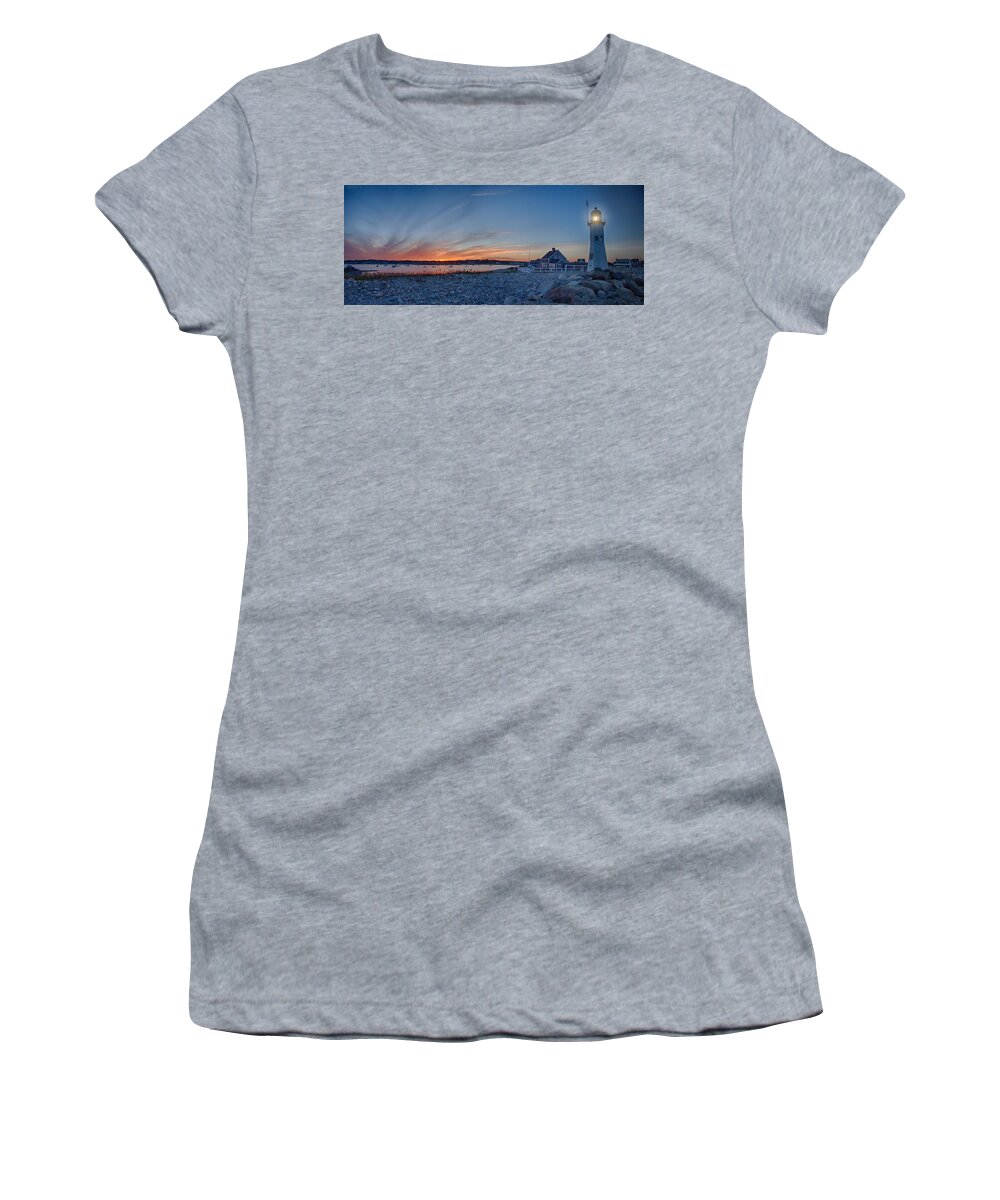 Scituate Lighthouse Women's T-Shirt featuring the photograph Sunset at Scituate light by Jeff Folger