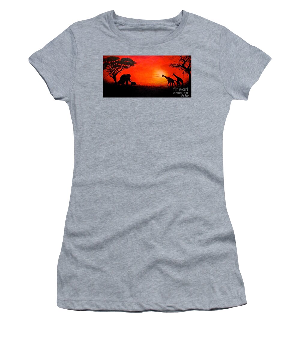 Acacia Trees Women's T-Shirt featuring the painting Sunset at Serengeti by Sher Nasser