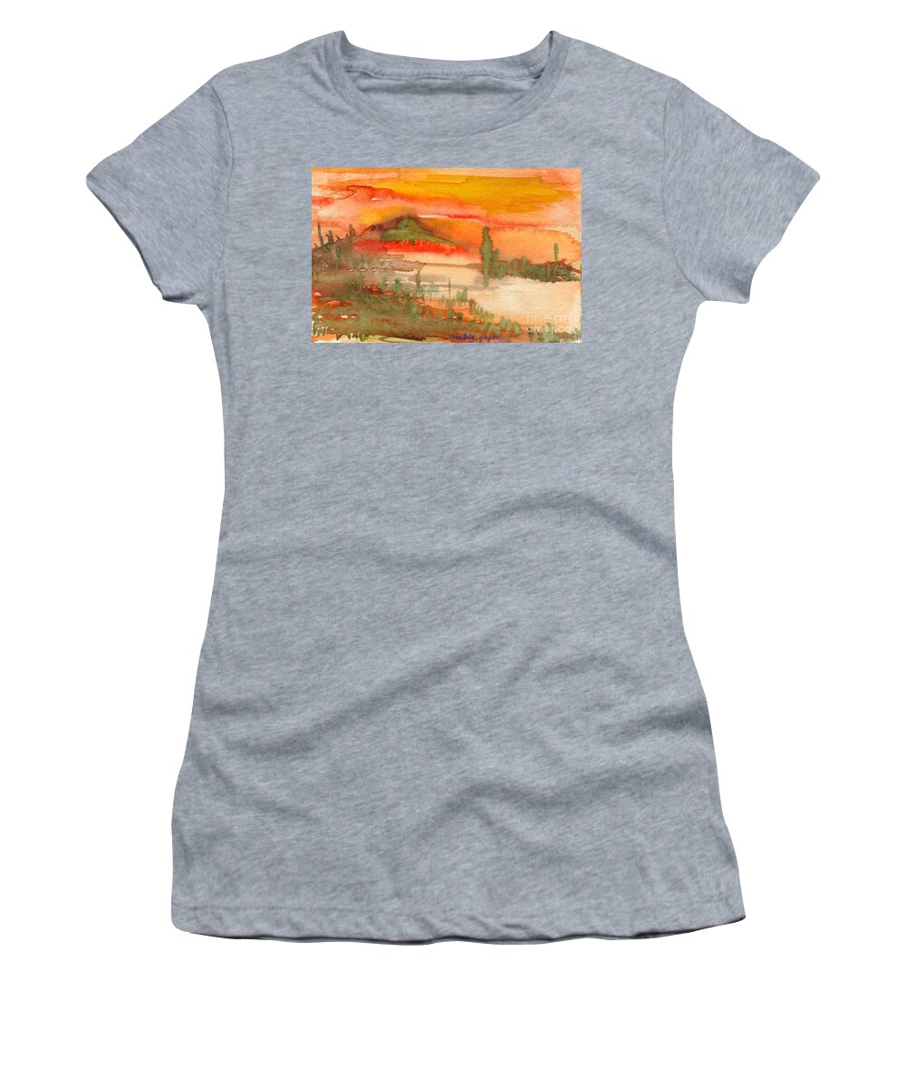 Sunset Women's T-Shirt featuring the painting Sunset in Saguaro Desert by Mukta Gupta