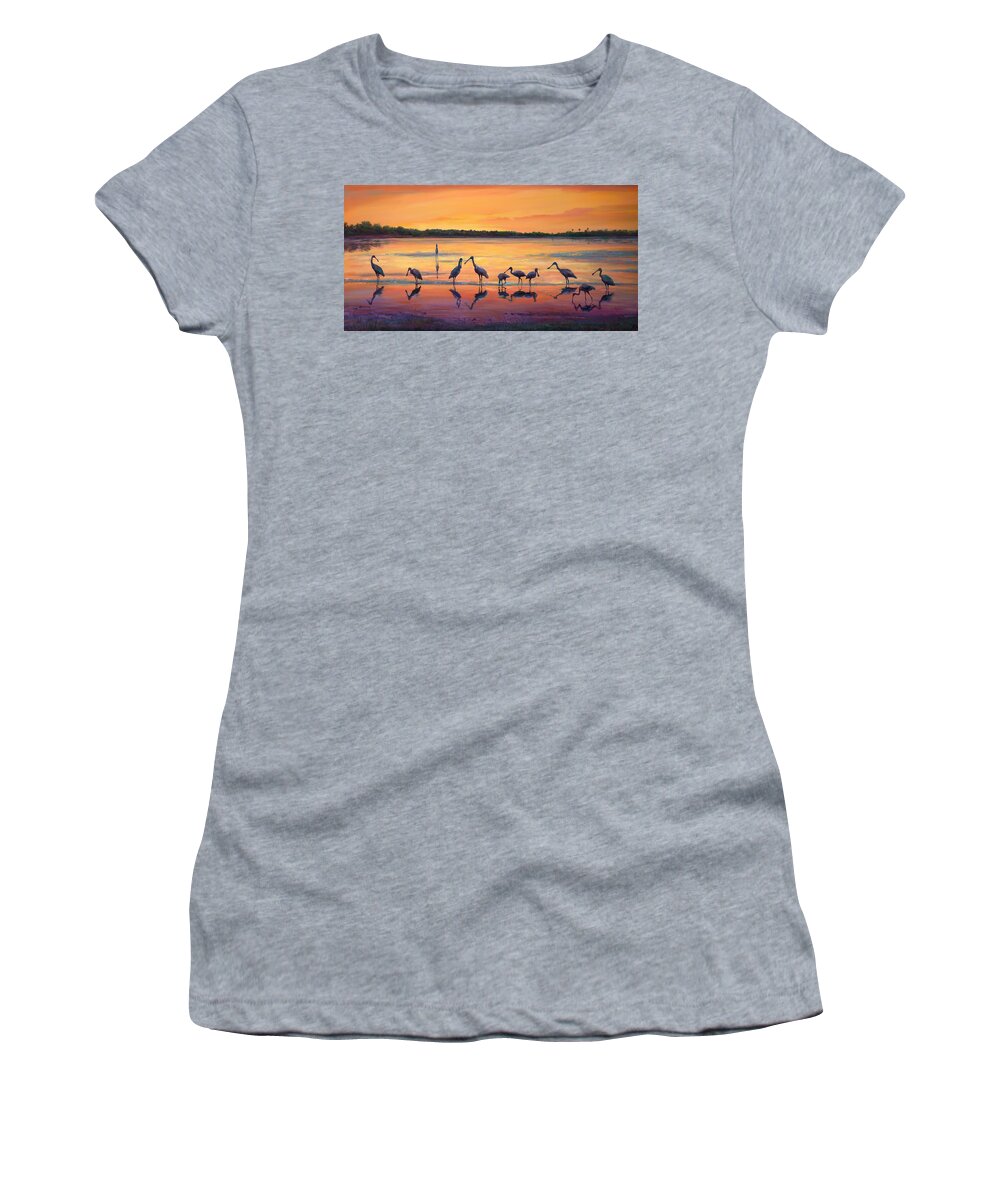 Landscape Women's T-Shirt featuring the painting Sunset Spoonbills by Laurie Snow Hein