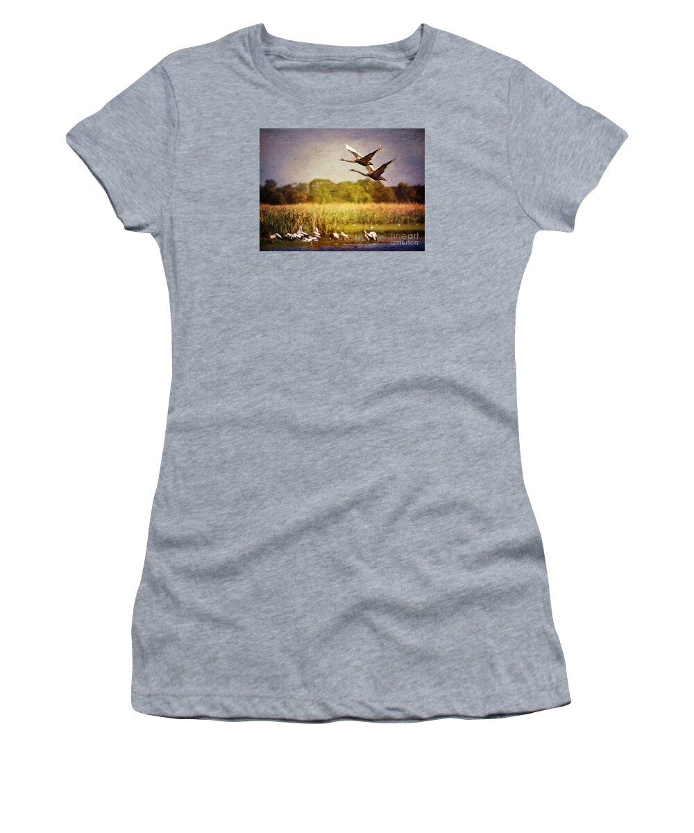 Black Swans Women's T-Shirt featuring the photograph Swans In Flight by Kym Clarke