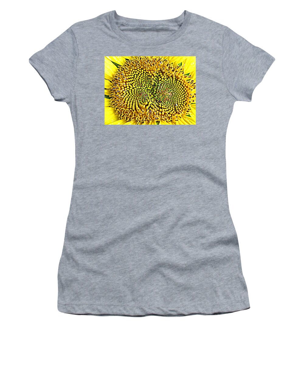 Sunflower Women's T-Shirt featuring the photograph Swirling Sunflower Bloom by Kim Galluzzo