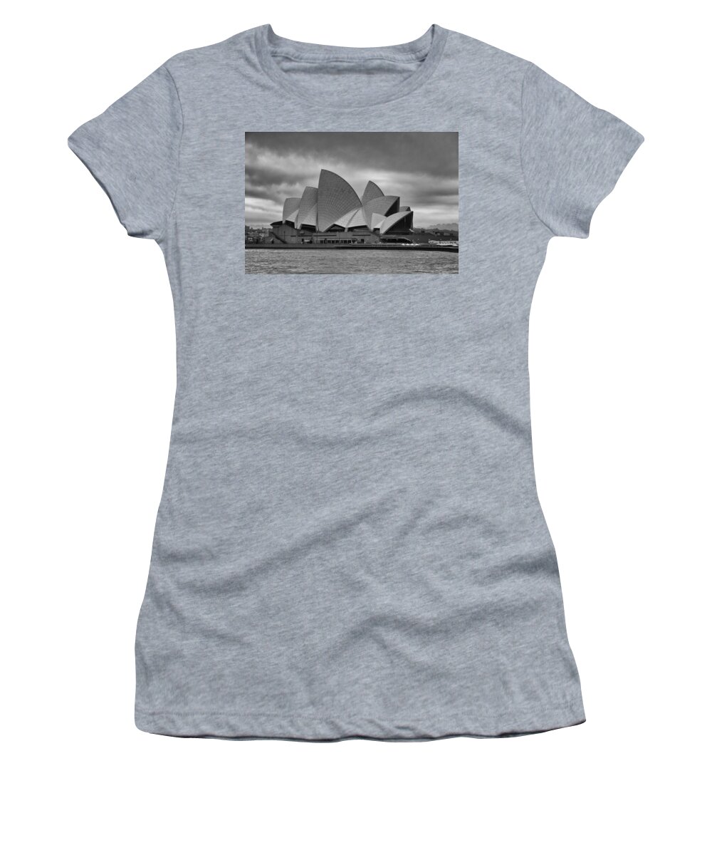 Sydney Opera House Women's T-Shirt featuring the photograph Sydney Opera House-Early Morning Black and White by Douglas Barnard