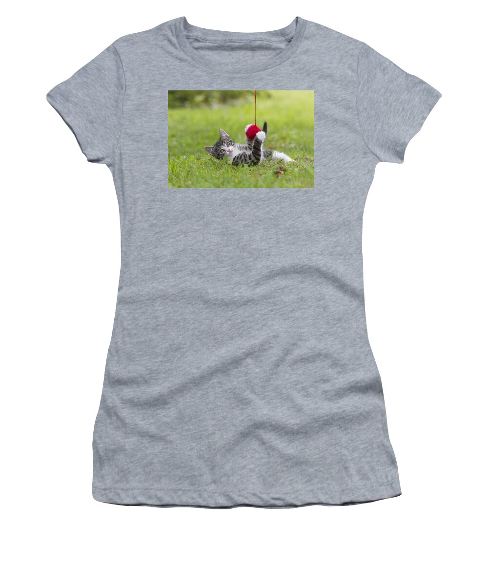 Feb0514 Women's T-Shirt featuring the photograph Tabby Kitten Playing With Ball Of Wool by Duncan Usher