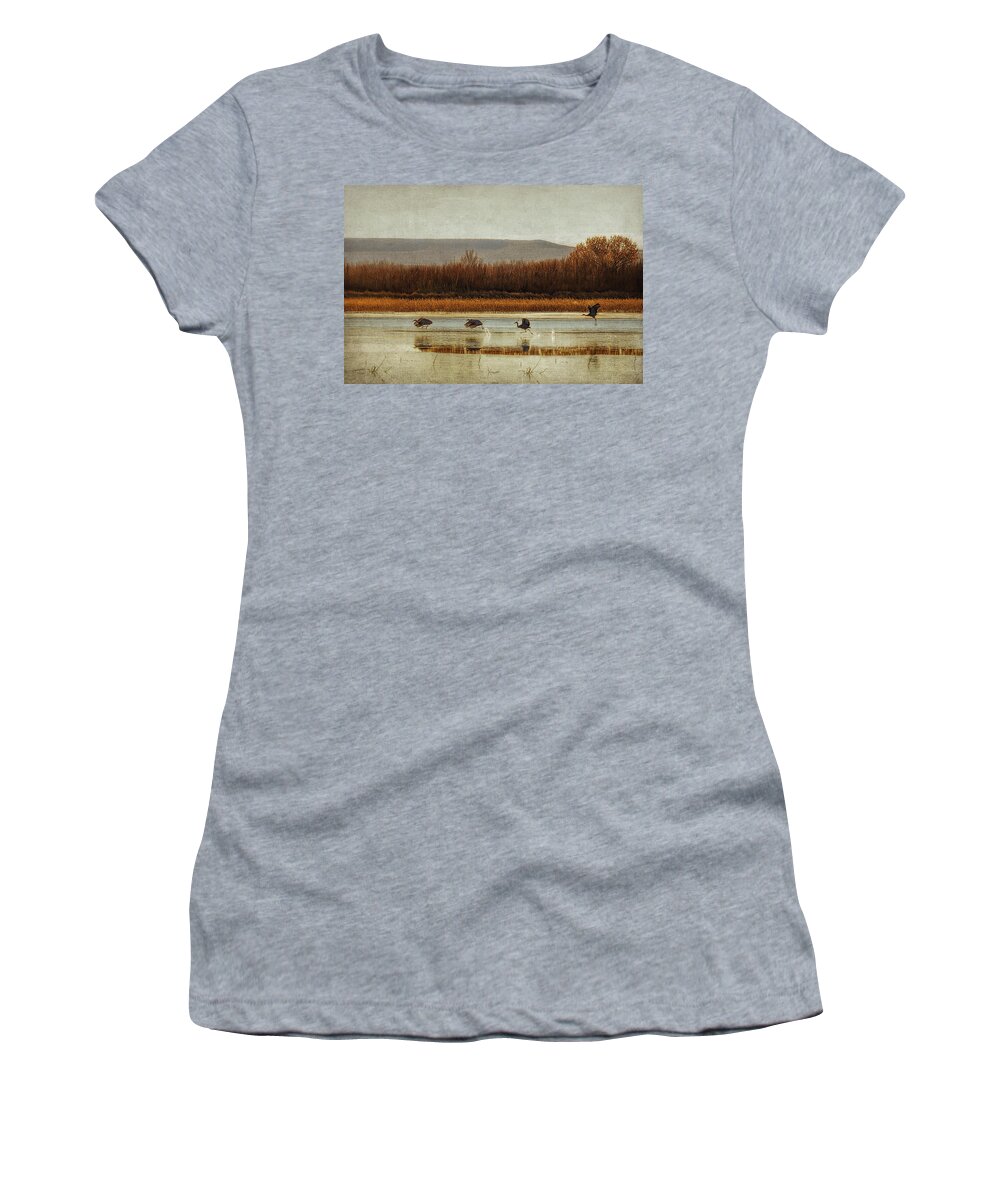  Akeoff Of The Cranes Women's T-Shirt featuring the photograph Takeoff of the Cranes by Priscilla Burgers