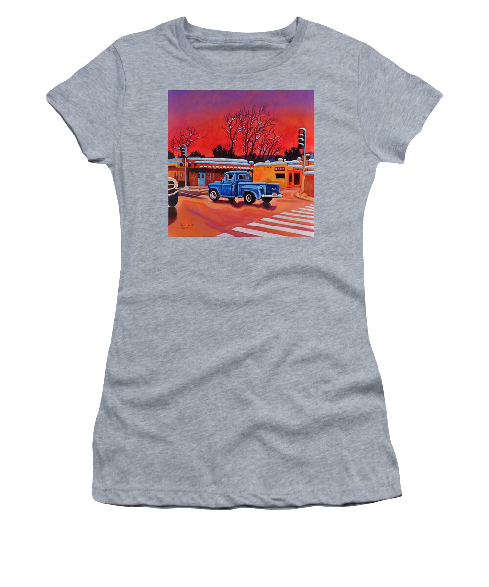 Old Women's T-Shirt featuring the painting Taos Blue Truck at Dusk by Art West