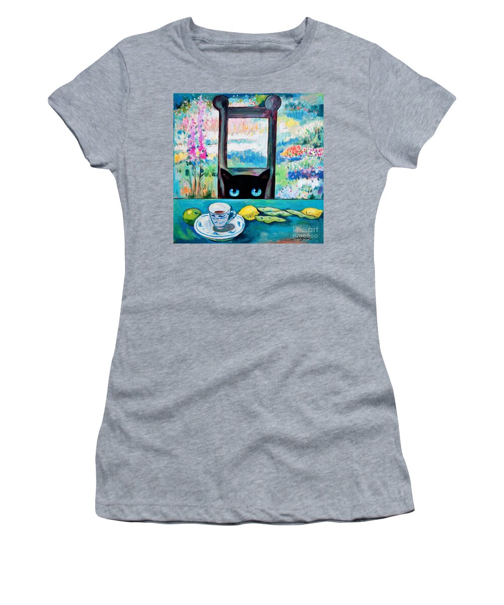 Cat Women's T-Shirt featuring the painting Tea Time Kitty by Shijun Munns