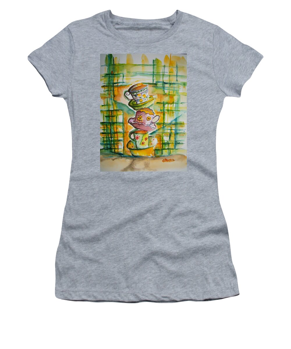 Tea Women's T-Shirt featuring the painting Teacup Tower by Elaine Duras