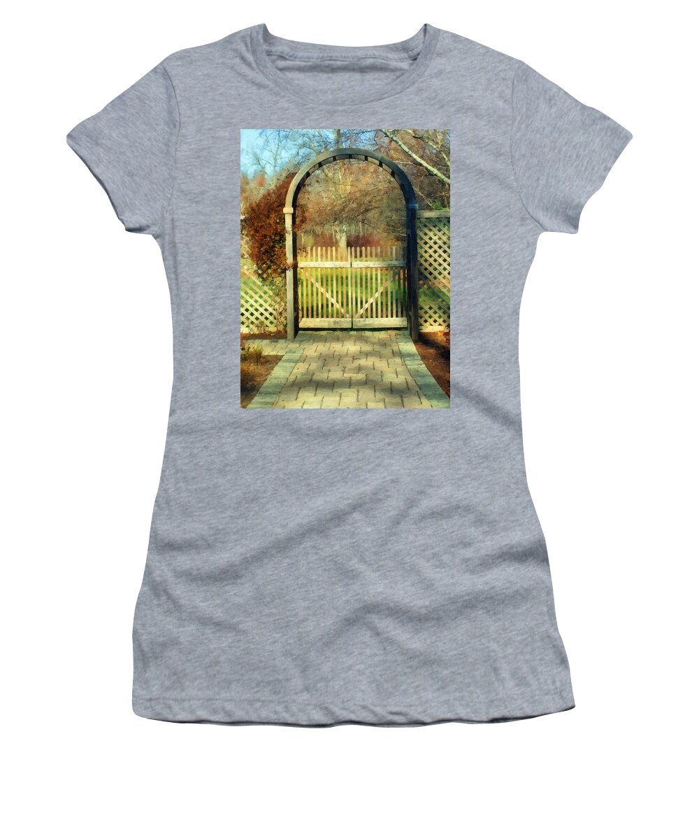 Landscape Women's T-Shirt featuring the painting The Birch Wood Beyond the Gate by RC DeWinter