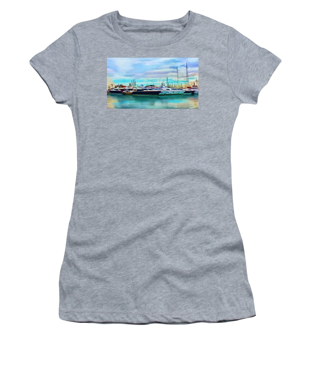 Spain Women's T-Shirt featuring the painting The Boats of Malaga Spain by Deborah Boyd
