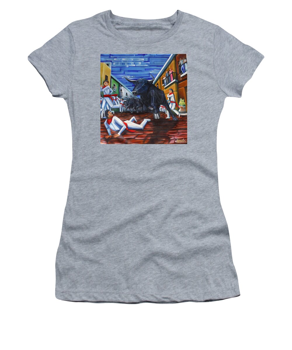Spain Women's T-Shirt featuring the painting The Bull Run in Pamplona by Ruben Archuleta - Art Gallery
