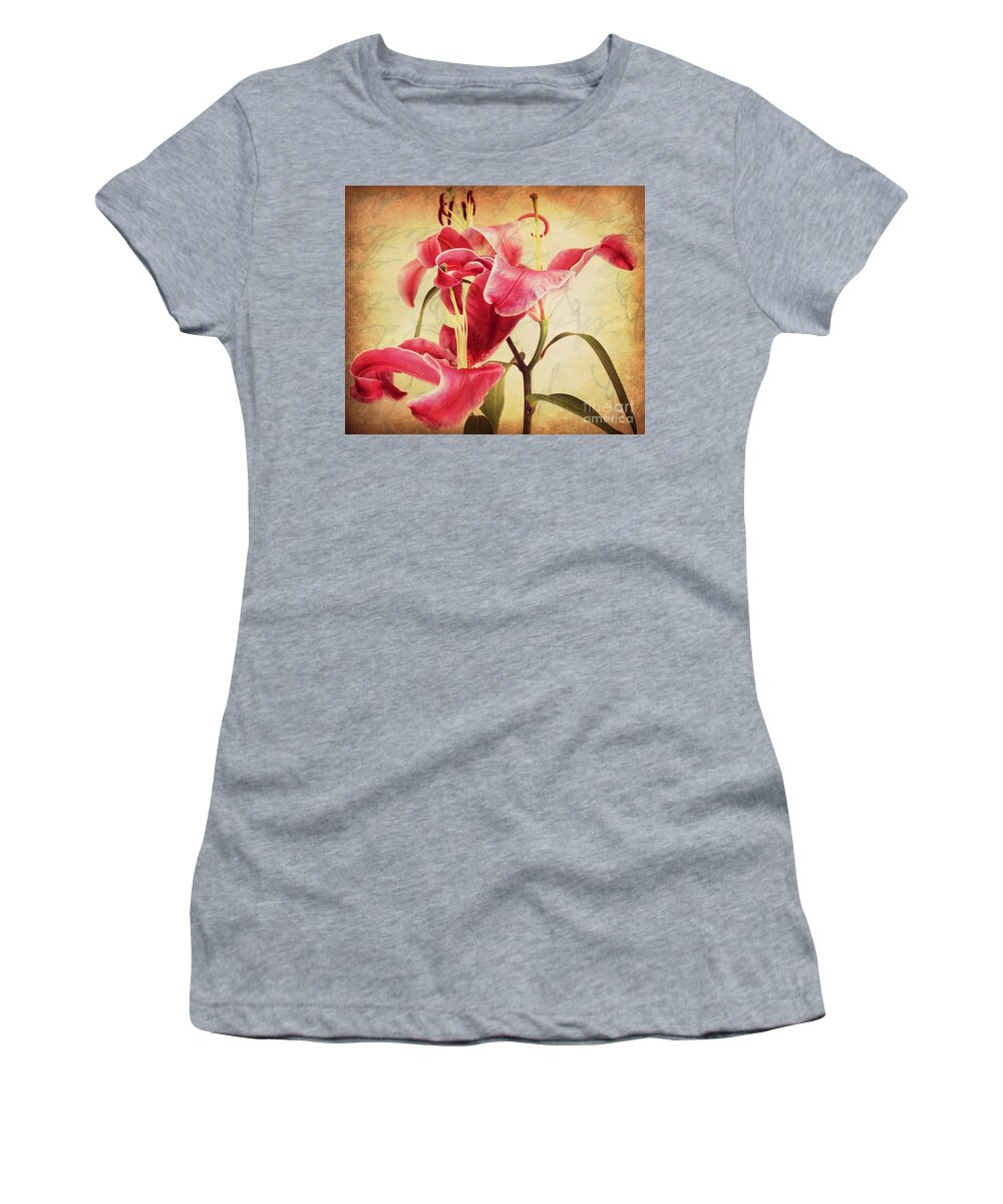 Stargazer Lily Women's T-Shirt featuring the photograph The Dance of the Stargazer by Clare Bevan