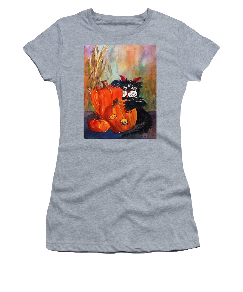 Devil Cat Women's T-Shirt featuring the painting The Devil Made Me Do It by Ellen Levinson