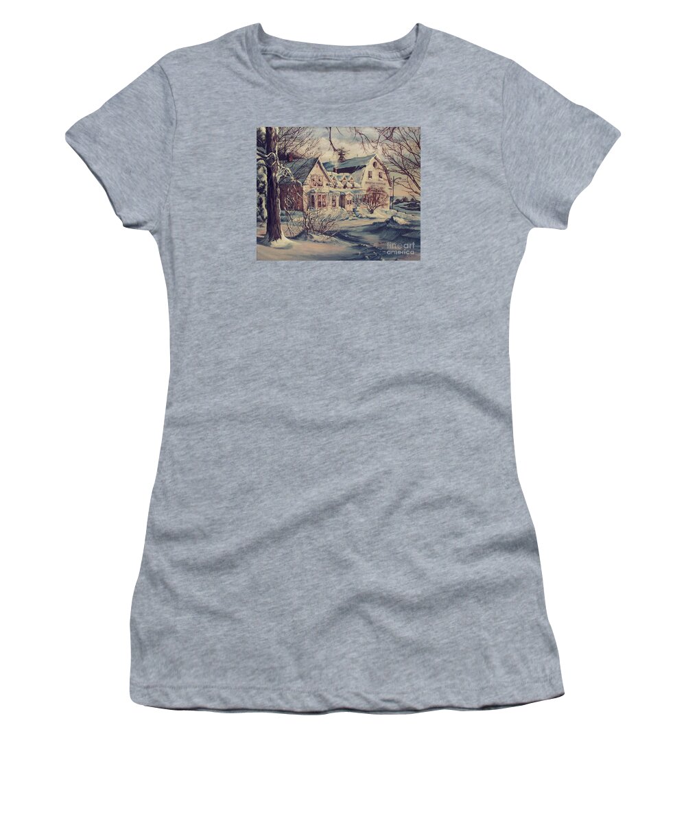 Winter Scene Women's T-Shirt featuring the painting The Farm by Joy Nichols