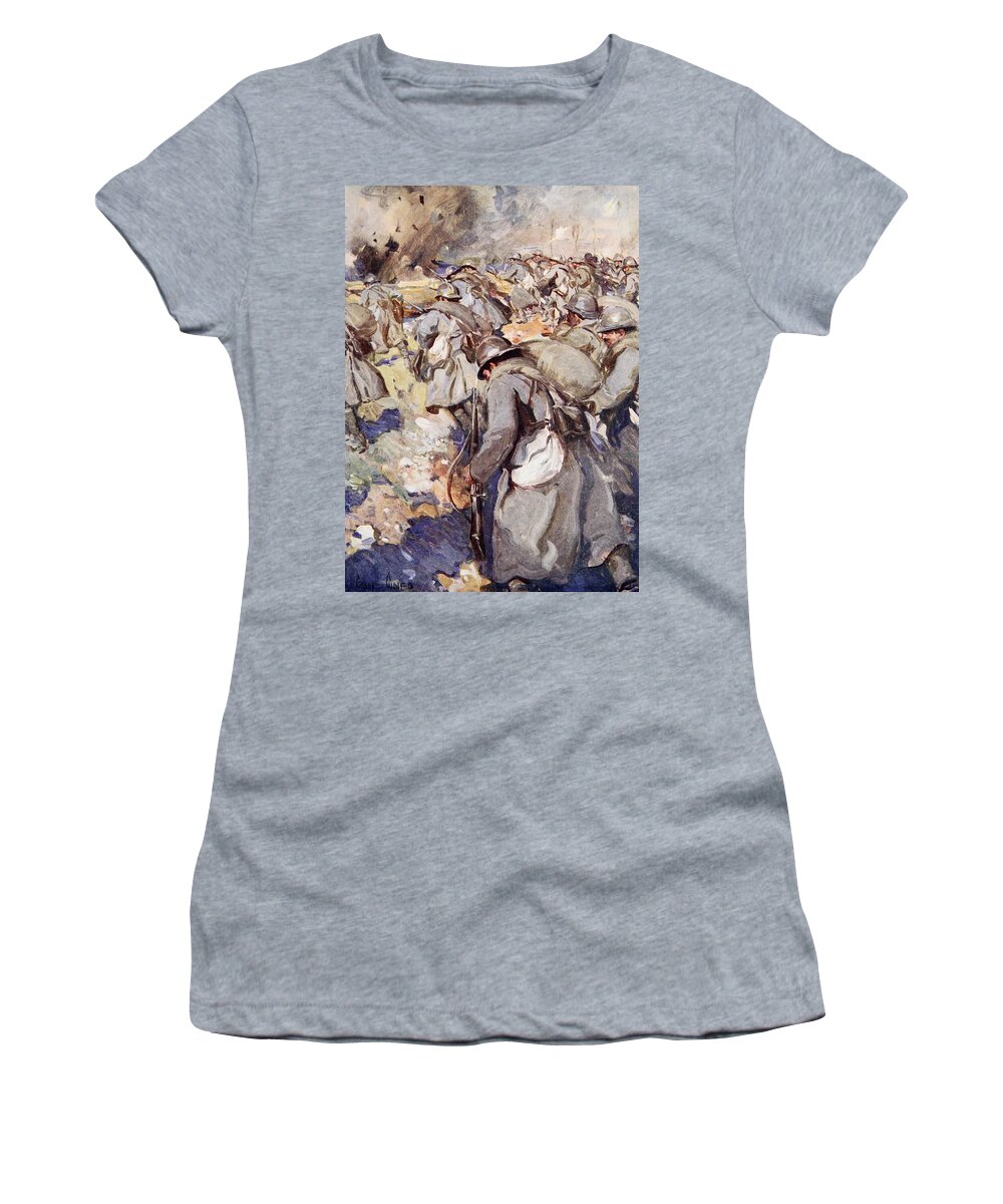 World War One Women's T-Shirt featuring the drawing The French Force Rushed Forward To Take by Cyrus Cuneo