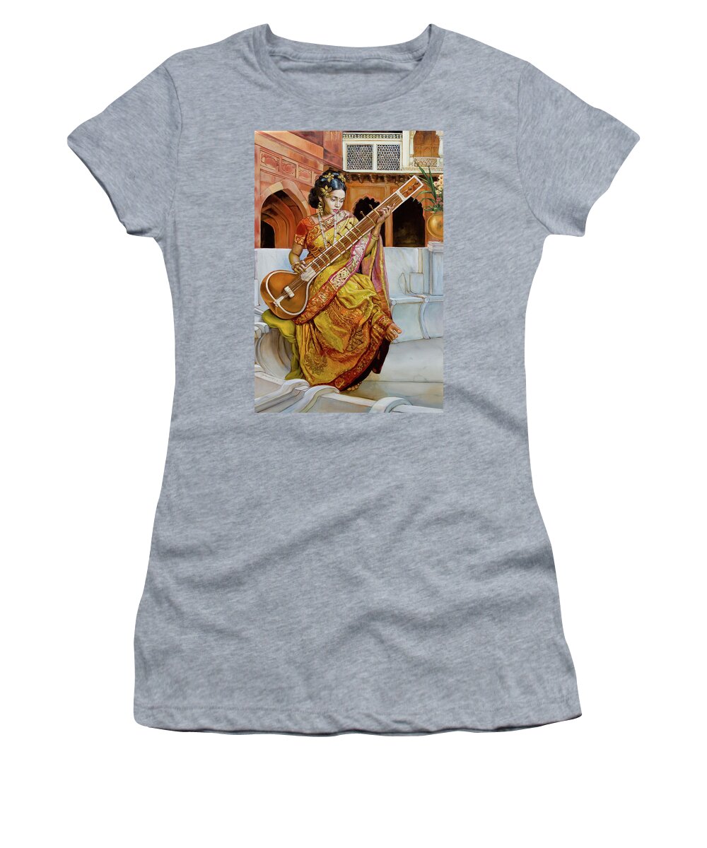 India Paintings Women's T-Shirt featuring the painting The girl with the sitar by Dominique Amendola