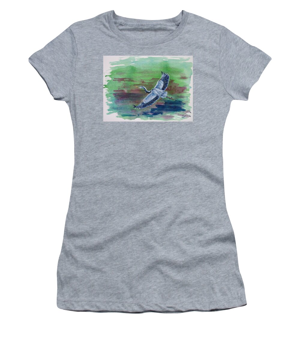 Great Blue Heron Women's T-Shirt featuring the painting The Great Blue Heron by Zaira Dzhaubaeva