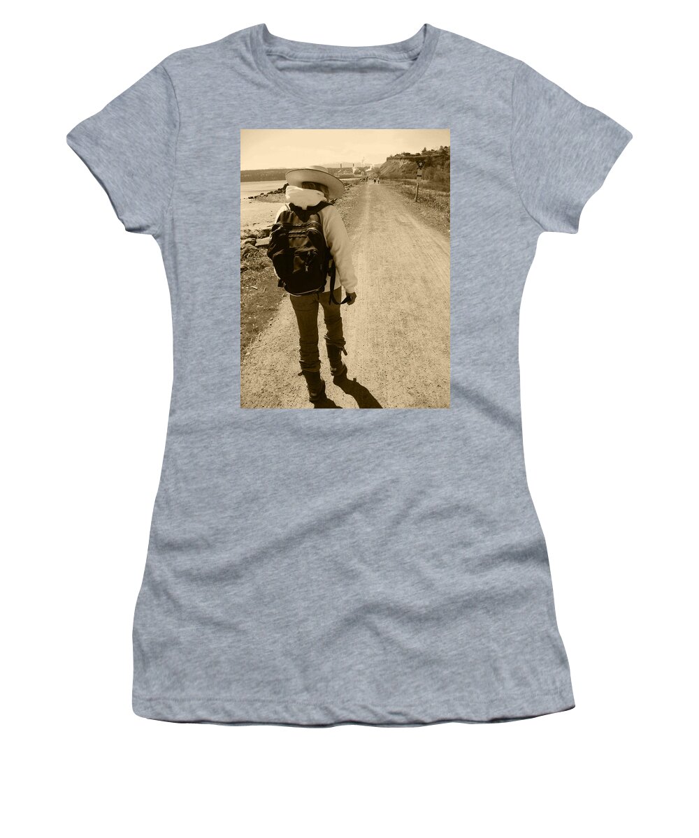 Lady Walking On A Long And Dusty Road Women's T-Shirt featuring the photograph The Long And Winding Road by Kym Backland