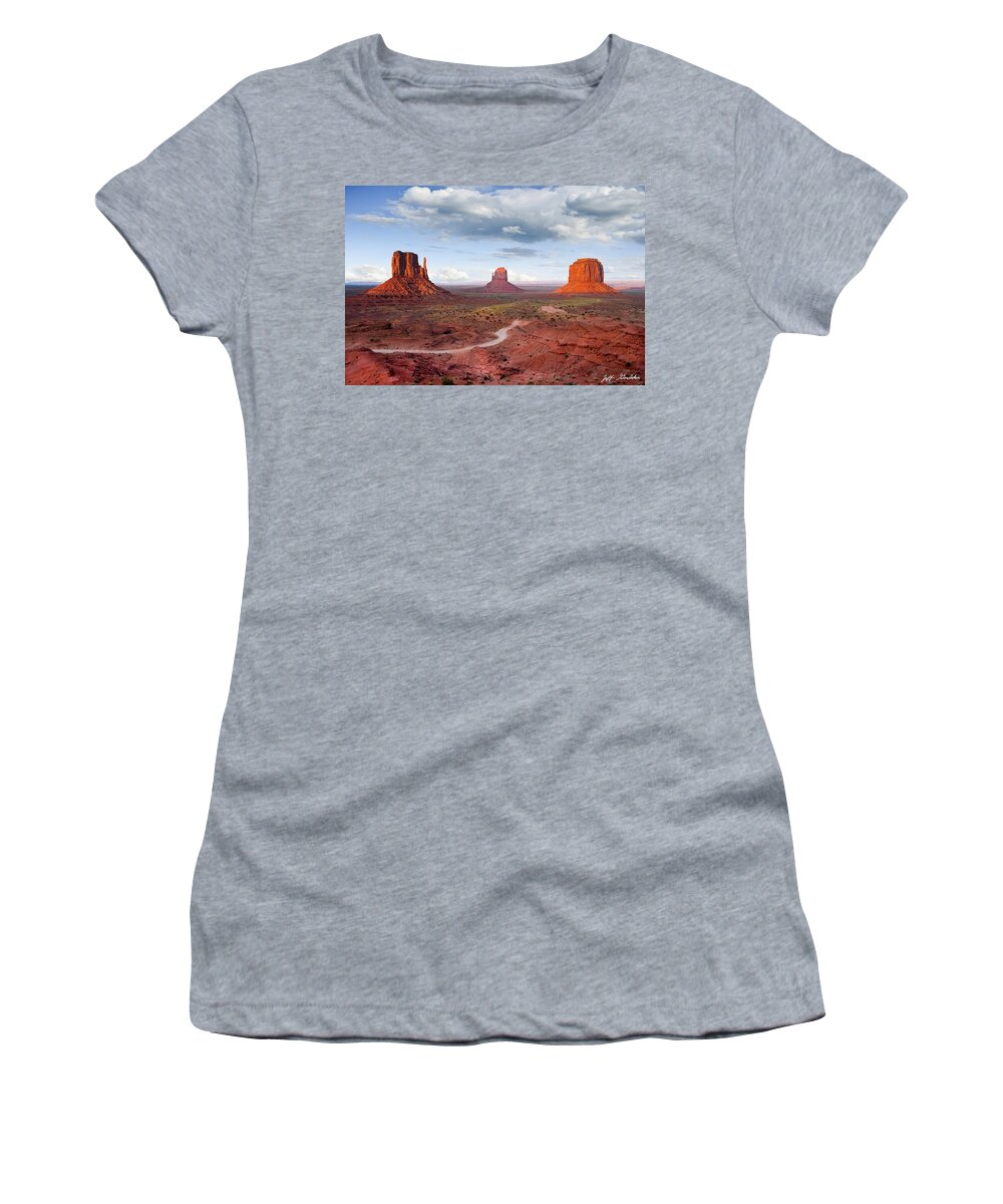 Arizona Women's T-Shirt featuring the photograph The Mittens and Merrick Butte at Sunset by Jeff Goulden