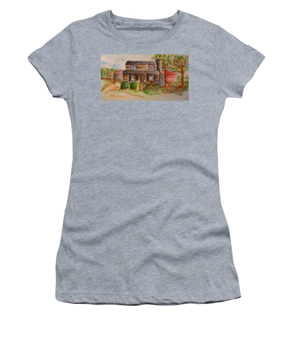 Cabin Women's T-Shirt featuring the painting The Red Sleigh Shoppe by Elaine Duras