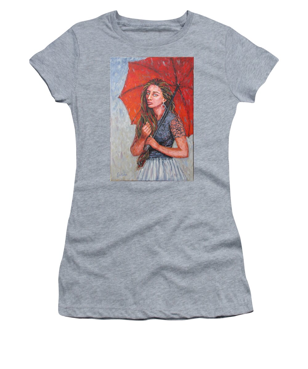 Umbrella Women's T-Shirt featuring the painting The Red Umbrella by Jyotika Shroff