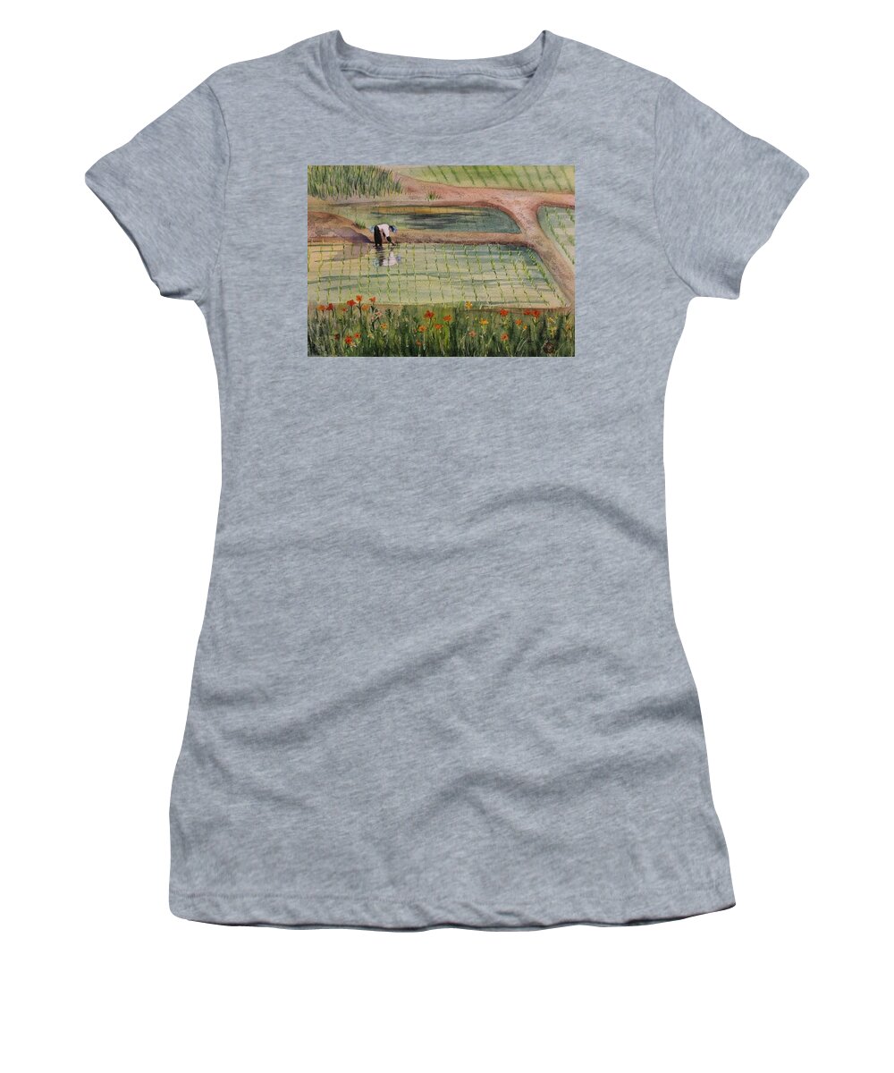 Fields Women's T-Shirt featuring the painting The Rice Planter by Kelly Miyuki Kimura