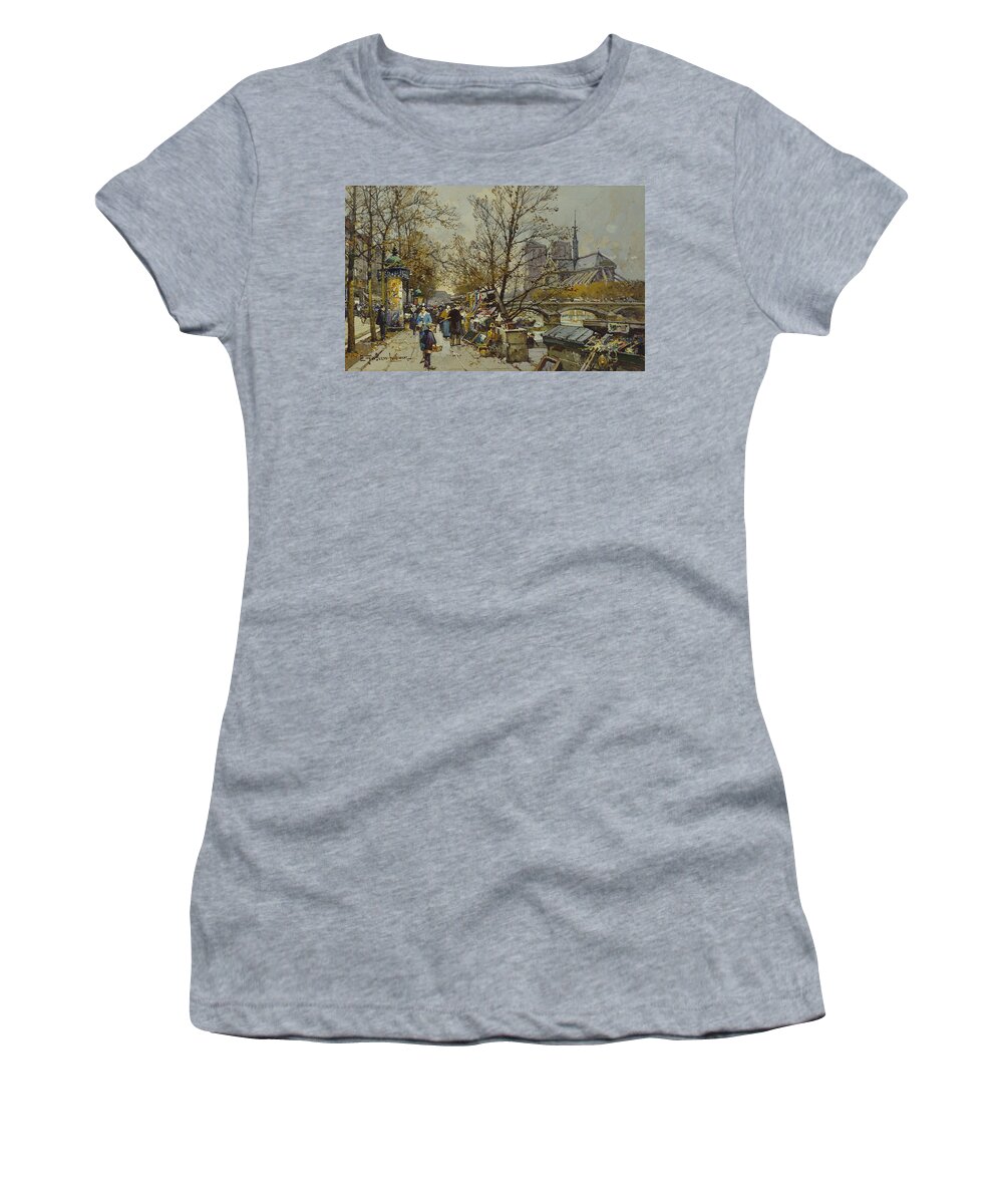 Rive Gauche Women's T-Shirt featuring the painting The Rive Gauche Paris with Notre Dame Beyond by Eugene Galien-Laloue