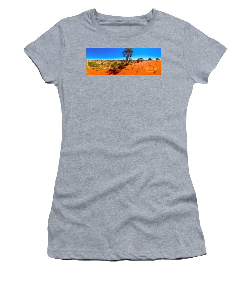The Road To Uluru Outback Landscape Central Australia Australian Gum Tree Desert Arid Sand Dunes  Women's T-Shirt featuring the photograph The Road to Uluru by Bill Robinson