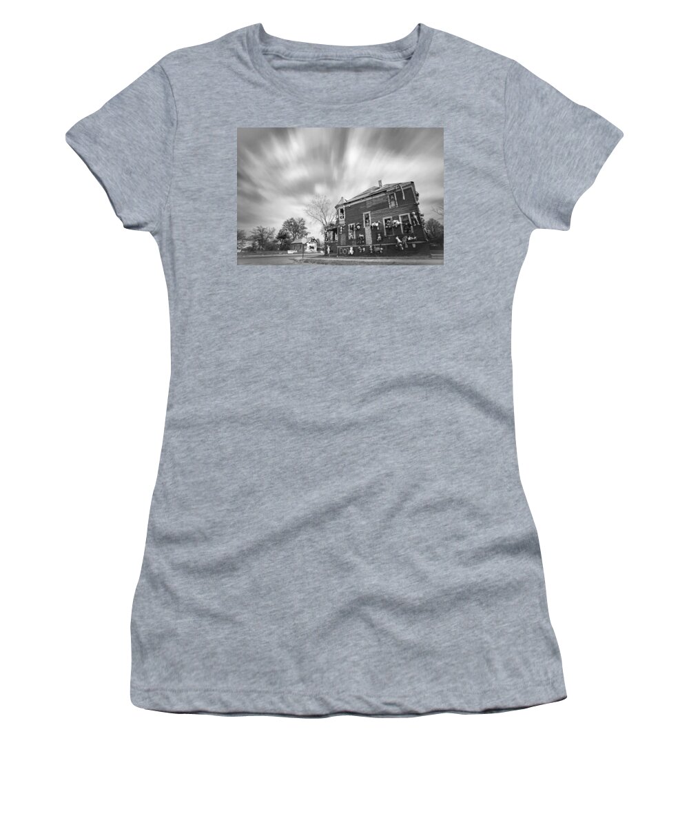 The Women's T-Shirt featuring the photograph The Stuffed Animal Doll House at the Heidelberg Project - Detroit Michigan - BW by Gordon Dean II