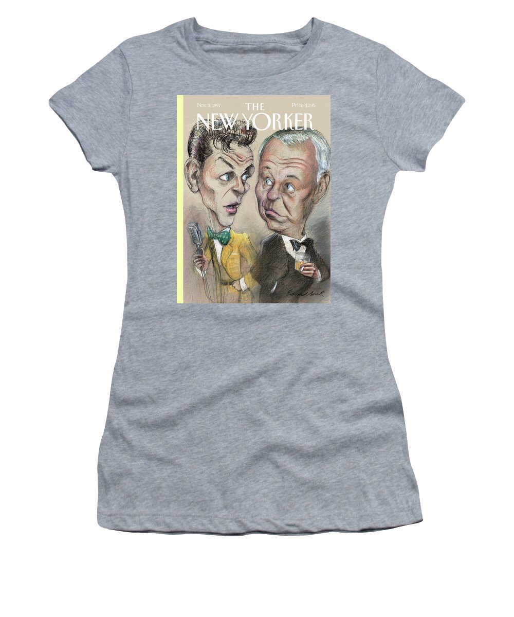 Strangers In The Night Artkey 50922 Eso Edward Sorel Women's T-Shirt featuring the painting The Young Frank Sinatra Looking At The Old Frank by Edward Sorel